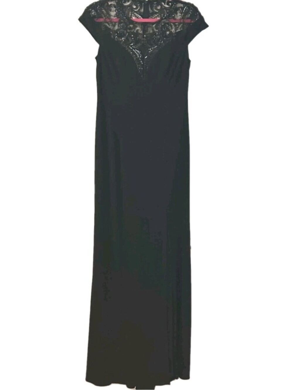 Adrianna Papell Evening Gown Dress 8 Black Sequin Mesh Illusion Neck Prom